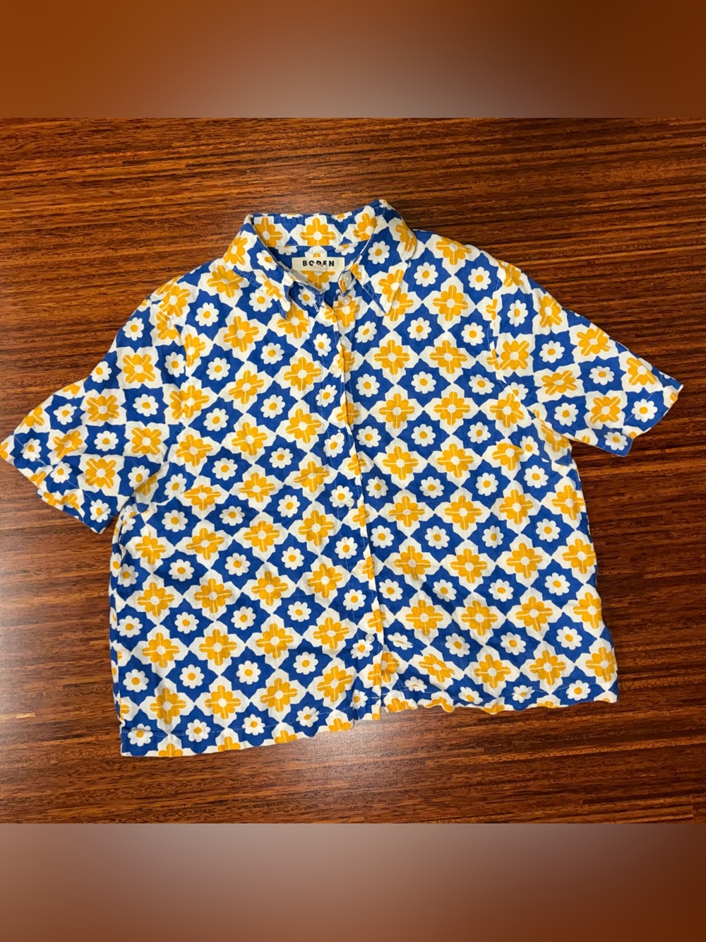 Boden Hazel Blue Yellow Retro Geometric Floral Linen Crop Shirt Size US 8